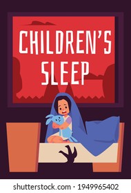 Childrens sleep problem banner with frightened child flat vector illustration.