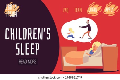 Childrens sleep website with child has nightmare, flat vector illustration.
