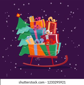 Children's sleigh with stack of presents and Christmas tree on dark blue background with snow. Gift boxes are beautifully decorated with ribbons and bows. Flat cartoon style vector illustration.