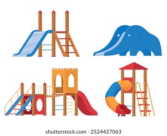 Toboganes de los niños patio de recreo de verano al aire libre conjunto de diversión Ilustración vectorial isométrica. Kindergarten exterior juego de Ocio juego de entretenimiento de construcción de forma de elefante y casa de madera