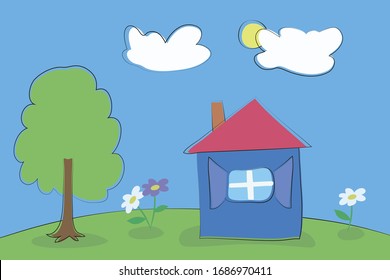 Dibujo descuidado de niños, ilustración del paisaje vectorial con un árbol caricatura de trazo negro, prado verde, casa y flores en un fondo de cielo azul con nubes blancas.