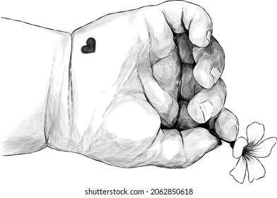 children's small hand with a heart holding a small flower, sketch vector graphics monochrome illustration on a white background