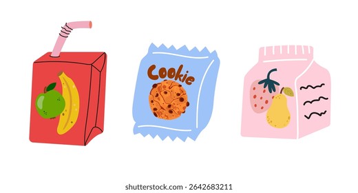Children's snack at school. Vector kids school lunches cartoon stickers collection. Healthy and nutritional food meals. Juice, chocolate chip cookies, dried fruit