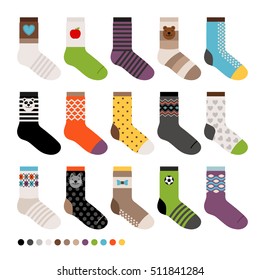 Childrens socks. Vector long sock icon set on white background