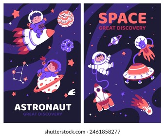 Children's space adventure depicted in a vibrant vector illustration set, featuring young astronauts, a whimsical alien, and colorful spaceships