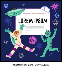 Children's space adventures. Poster or banner template on discovery and exploration of space with child astronaut or cosmonaut and alien characters, flat cartoon vector.