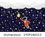 Childrens space background. Cartoon space. Light bulb, astronaut, rocket, stars.