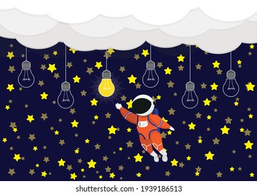 Childrens space background. Cartoon space. Light bulb, astronaut, rocket, stars.