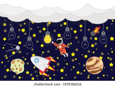Childrens space background. Cartoon space. Light bulb, astronaut, rocket, stars.