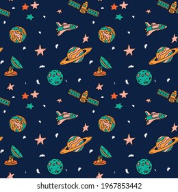 Children's space background, with satellite dish, rockets, solar space station and starship