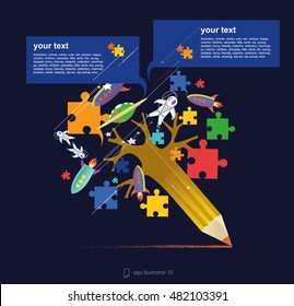 Children's Space colorful illustration
 with rockets and astronauts UFO stars