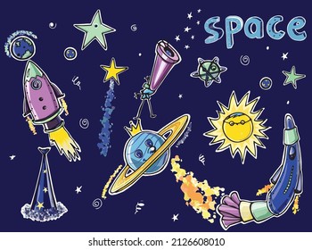 children's space doodle set: with rockets, stars, planets, stargazer hat, sun, jupiter, telescope. Sketch vector graphic color illustration on blue background