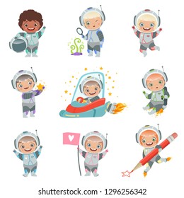 Childrens in space. Kids astronauts funny vector characters in rocket cosmonaut