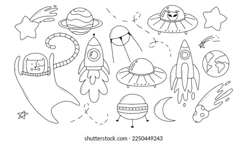 Childrens space set. Space elements collection, moon, astronaut, stars, rocket. Vector illustration in doodle style.Line style.