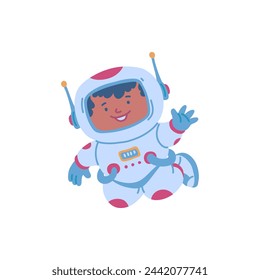 Children's space theme with a cartoon child astronaut in a spacesuit. Flat vector illustration showing a happy space adventure on an isolated background.