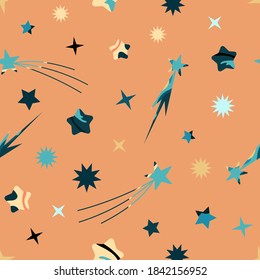 Children's space vector pattern with stars on a colored background. Space. Children's illustration for fabrics, gifts, toys, postcards, packaging paper.