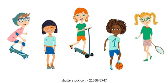 Children's sport hobbies. Cute vector set of multinational kids and different sport equipment. Colorful hand drawn illustrations isolated on white.