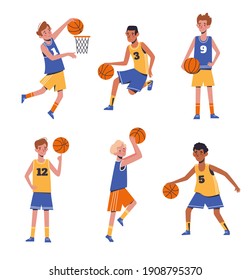 Baloncesto deportivo infantil. Concepto de diseño plano con niños divertidos jugando a la pelota. Ilustración vectorial de los niños, aislados en fondo blanco.