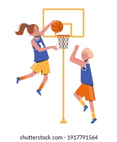 Children's sports basketball. Flat design concept with funny kids playing ball. Vector illustration of boys and girls, set isolated on white background.