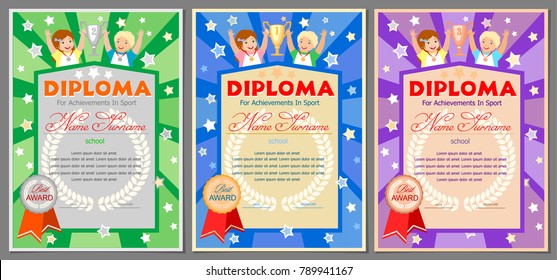 children's sports diploma or certificate for 1st, 2nd and 3rd places with a girl and a boy, cups and medals (gold, silver and bronze)