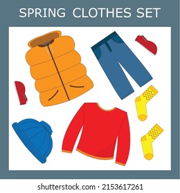 children's spring  clothes for a boy on a white background. Collection of warm weather clothes for boys vector illustration
