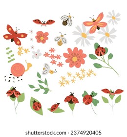 Childrens Spring set of cute insects and flowers, floral elements. Kids Butterfly, ladybug, bee, snail with leaves and chamomile, daisy flowers. Cute collection of insects. 