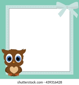 children's square blue frame with owl. Template for greetings or page for a scrapbook album. Baby vector illustration