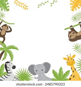 Kinderquadrat leerer Rahmen mit dem Bild wilder Dschungeltiere - Giraffe, Elefant, Zebra, Nashorn, Tukan, Affe, Faultier, Löwe, Krokodil. Flache Vektorillustrationen.