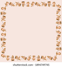 Children's square frame of cartoon characters tiger cubs in yoga asanas and calligraphic quotes "Namaste", "Be in balance", "OM" on a beige background. Feline wellness. Template for text. Vector.