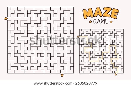 Children's square maze game in minimalist style. Logic labyrinth game for brain teasers for kids. Vector illustration with editable outline.