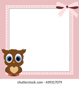 children's square pink frame with owl. Template for greetings or page for a scrapbook album. Baby vector illustration