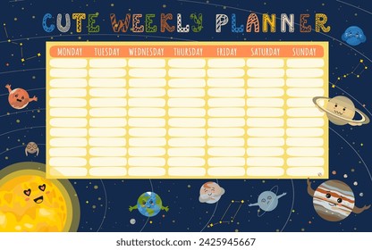 Children's stationery planner with planets for a week and daily organizer for kids, Monday to Sunday schedule. Vector colorful illustrations of cute smiling planets in space. Kawaii Solar system