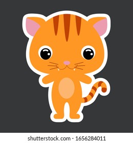 Children's sticker of cute little cat. Domestic animal. Cartoon character for baby print design, kids wear, baby shower celebration, greeting and invitation card. Flat vector stock illustration