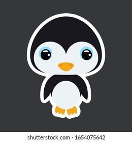 Children's sticker of cute little penguin. Cartoon character for baby print design, kids wear, baby shower celebration, greeting and invitation card. Flat vector stock illustration