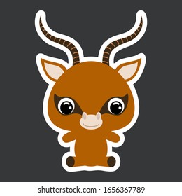 Childrens sticker of cute little sitting gazelle. African animal. Cartoon character for baby print design, kids wear, baby shower celebration, greeting, invitation card. Flat vector stock illustration