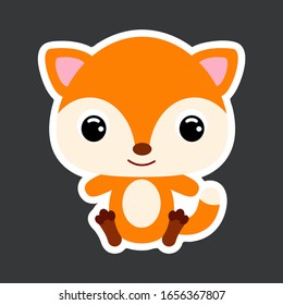 Children's sticker of cute little sitting fox. Forest animal. Cartoon character for baby print design, kids wear, baby shower celebration, greeting and invitation card. Flat vector stock illustration