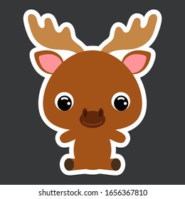 Children's sticker of cute little sitting moose. Forest animal. Cartoon character for baby print design, kids wear, baby shower celebration, greeting, invitation card. Flat vector stock illustration