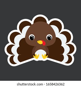 Childrens sticker of cute little sitting turkey. Domestic animal. Cartoon character for baby print design, kids wear, baby shower celebration, greeting, invitation card. Flat vector stock illustration