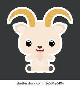 Children's sticker of cute little sitting goat. Domestic animal. Cartoon character for baby print design, kids wear, baby shower celebration, greeting, invitation card. Flat vector stock illustration
