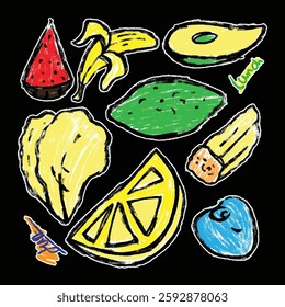 Children's  Sticker Drawing with Crayons Watermelon, Pear, Orange and Banana