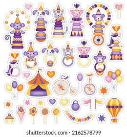 Children's stickers on a circus theme. Cartoon animal toys in circus costumes.