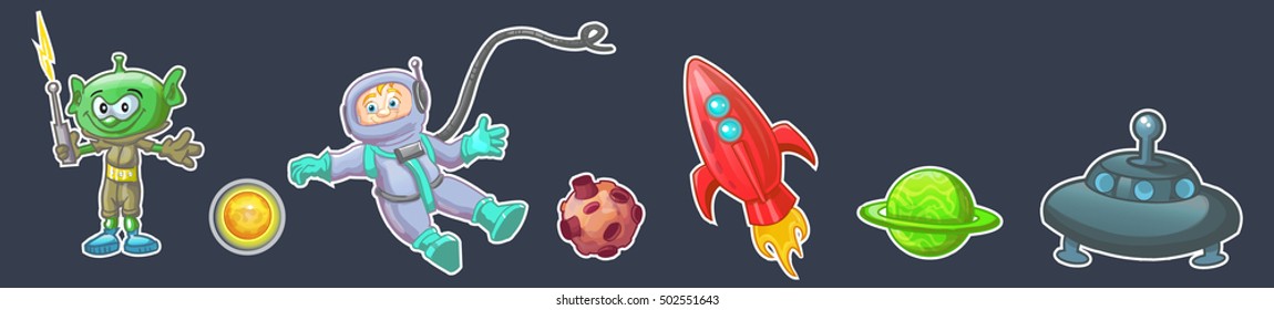 children's stickers, prints on clothes, space. spaceships, alien and astronaut