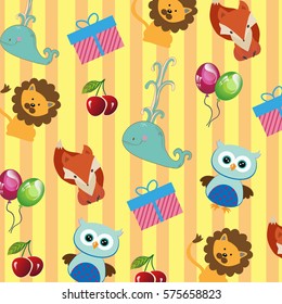 children's striped pattern with owl, Fox, whale, balloons, gifts