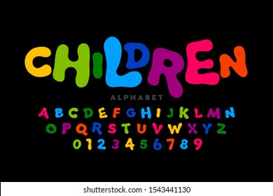 Children's style colorful font, playful alphabet, letters and numbers vector illustration