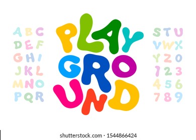 Children's style colorful font, playful alphabet, letters and numbers vector illustration
