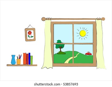 A children's style drawing of a wall with window to the outside. Vector format.