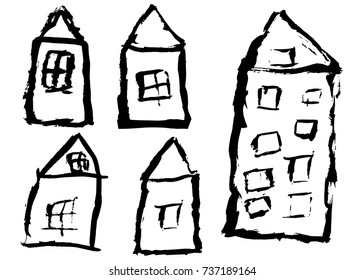 Children's style hand drawn houses set. Vector, isolated, brush strokes