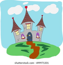 Children's style illustration of a colorful happy castle