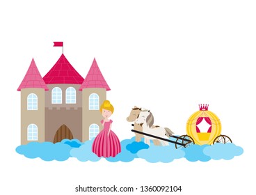 A children's style illustration showing the enchanted fairy tale world, princess, castle and carriage.
