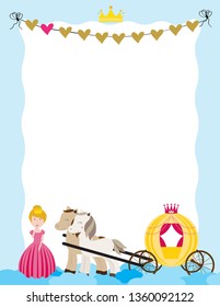A children's style illustration showing the enchanted fairy tale world, princess, castle and carriage.
